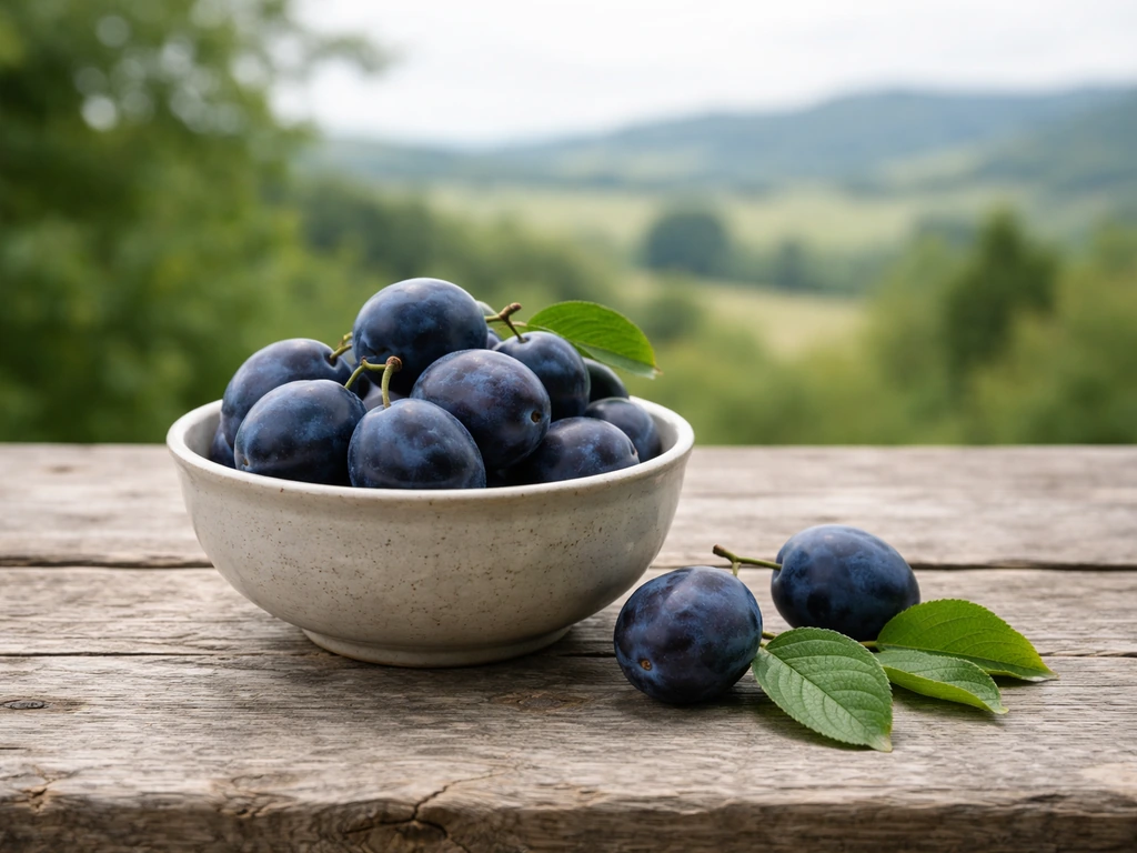 Fresh damsons in a bowl with a few leaves, set on wood under natural daylight.