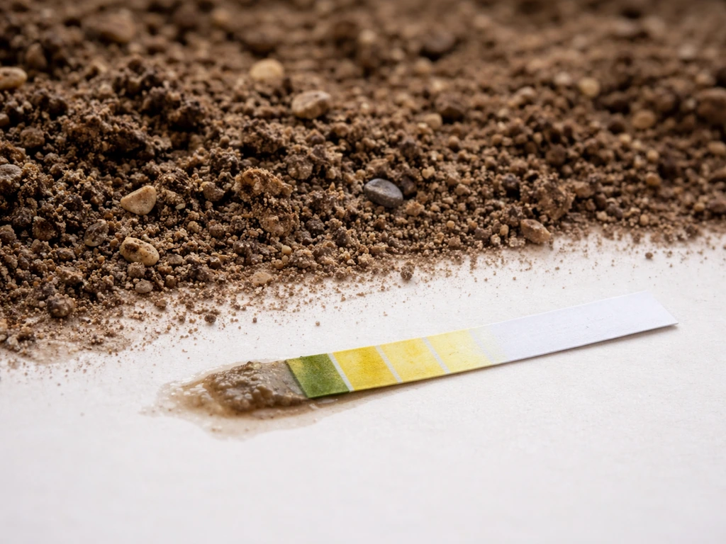 Close-up of well-drained loamy garden soil beside a pH test strip showing near-neutral 6.0–6.5.