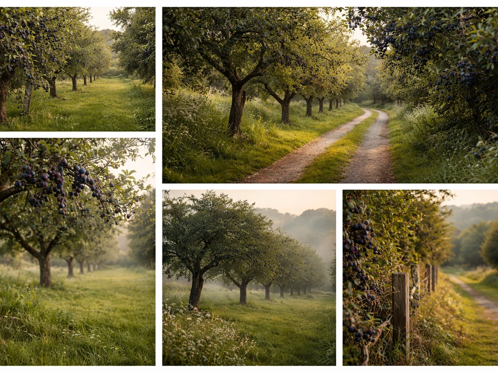 Minimal collage of UK regions with damson orchard and hedgerow scenes across heartland counties
