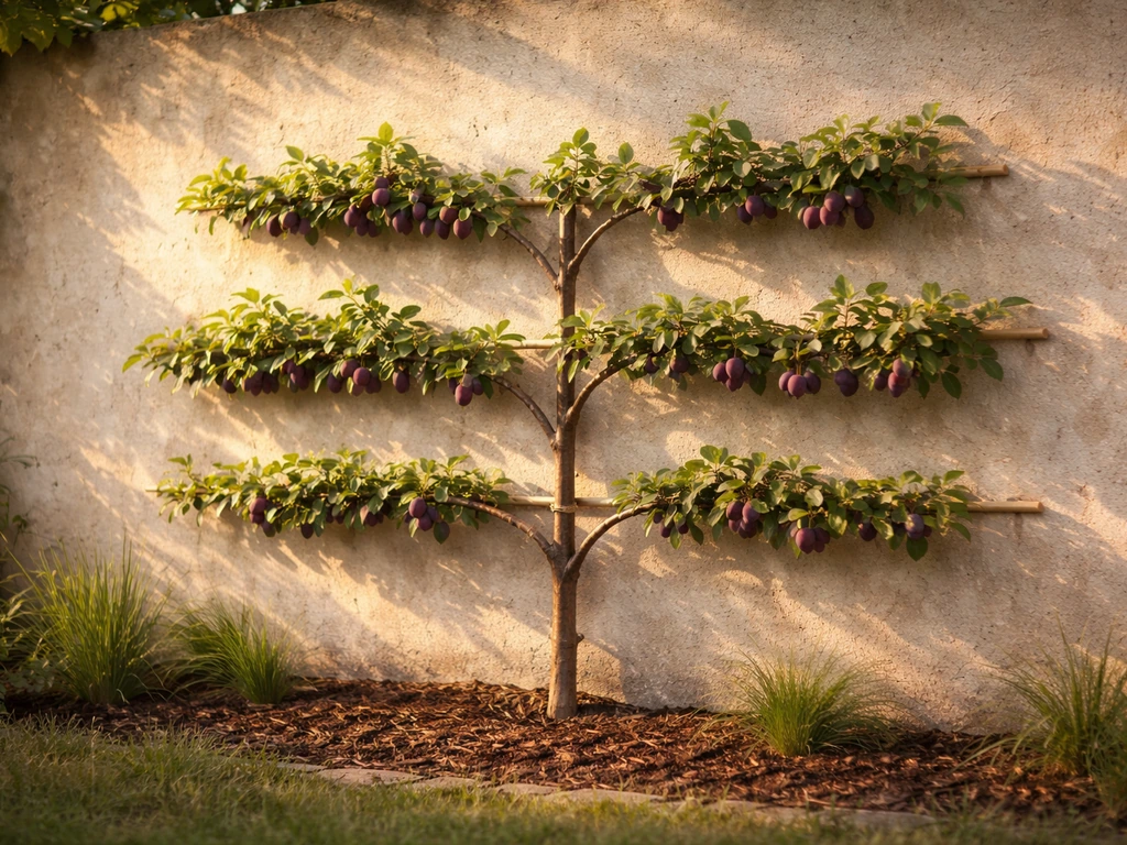 Damson tree trained near a warm south-facing wall, showing a sheltered planting spot for extra warmth.