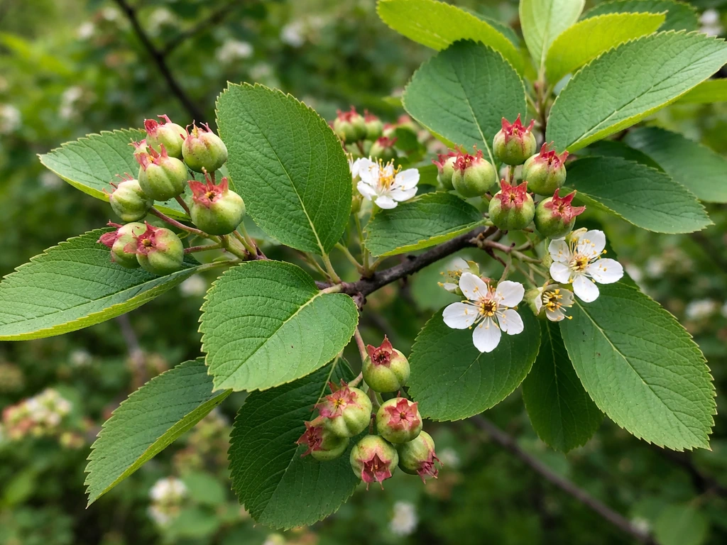 Close-up of a serviceberry shrub with serrated leaves and small developing berries and blossoms