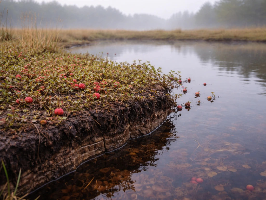 Wet cranberry bog landscape with layered peat and low vines with red berries near shallow water.