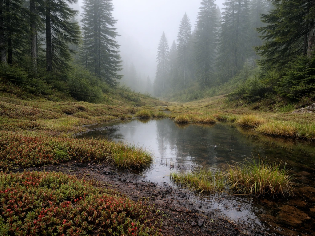 Misty high-elevation mountain wetland with damp soil and shallow water among pine trees