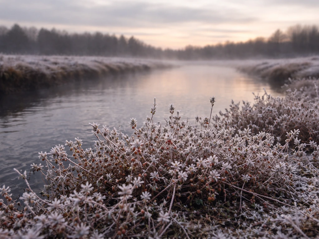 Frost-covered dormant cranberry vines in a winter bog with icy water at dawn