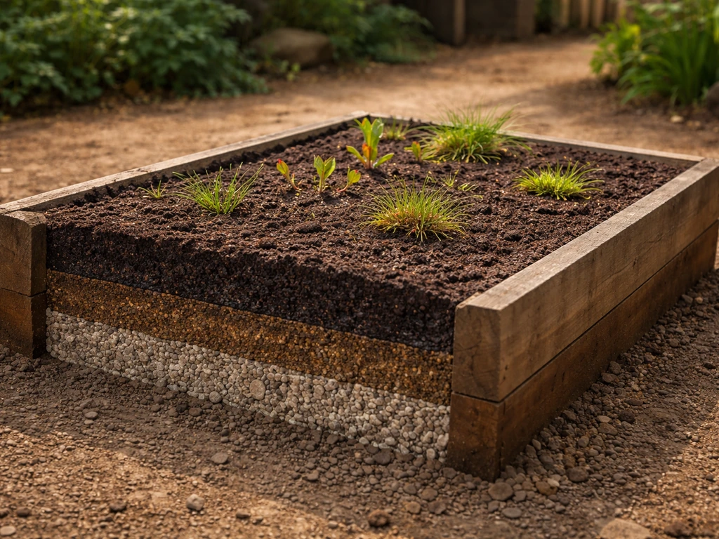 Layered raised bog-style garden bed with gravel drainage base and dark peat-like top layer