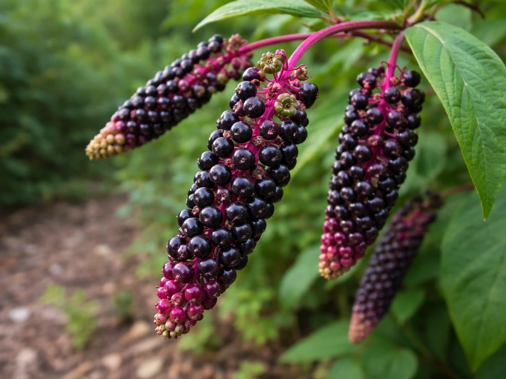 Ripe poke berries on a magenta-stem plant at a wild garden edge in natural light.