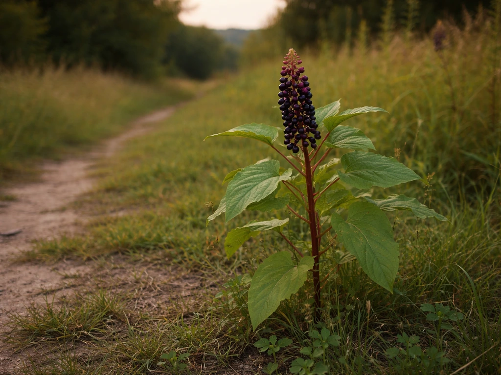 Pokeweed plant in a quiet meadow with subtle eastern US-to-Mexico regional landscape cues in the background.