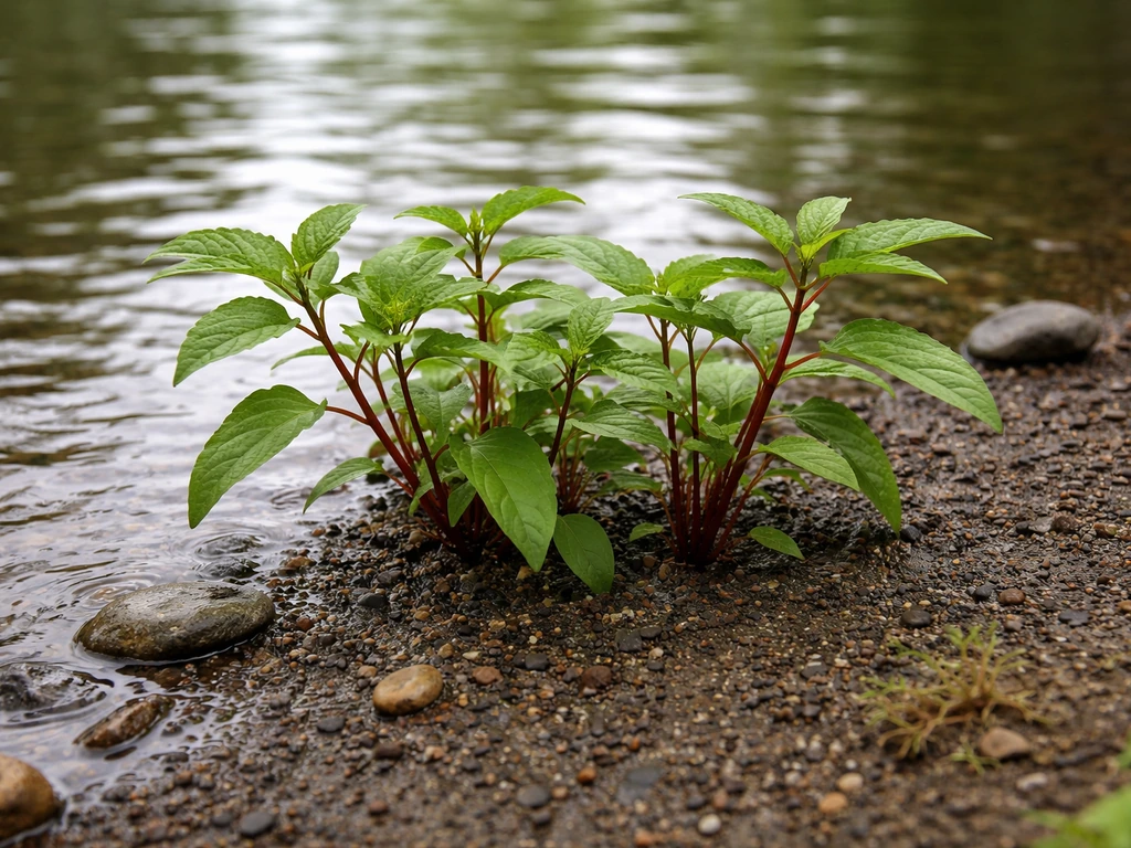 Pokeweed plants growing along a muddy pond edge with wet soil and greenery in natural light.
