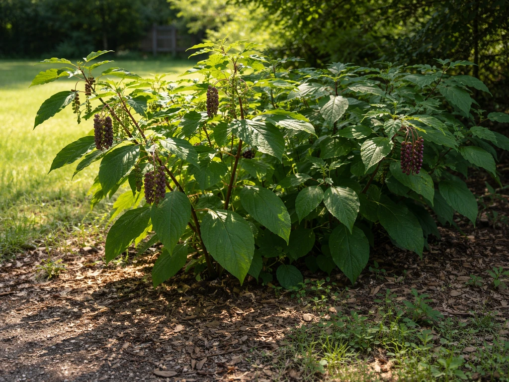 Pokeweed plants near a sunny yard edge with partial shade from a nearby tree canopy.