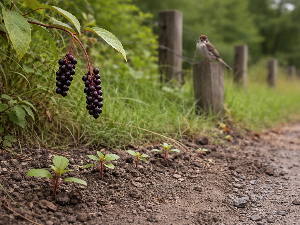 Bird perched near poke berries beside disturbed soil with small seedlings along a fence row