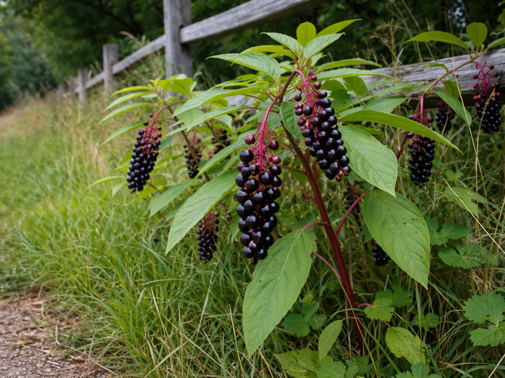 Late-summer pokeweed along a quiet fence row, with magenta stems and ripe purple berries in view.