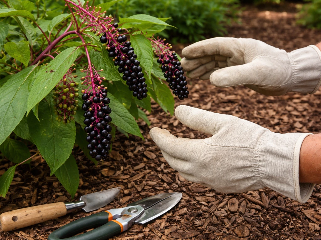 Gloved hands and pruning tools near a pokeweed plant with dark toxic berries in a garden bed.