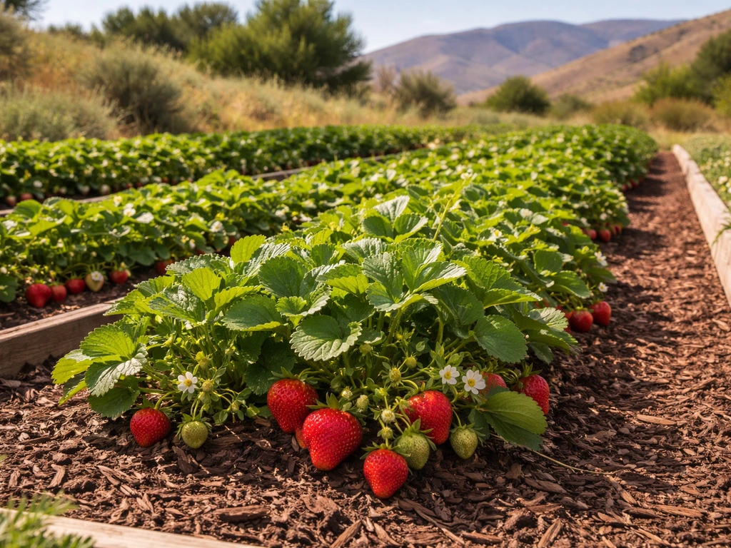 Sunlit Idaho backyard strawberry patch with ripe red berries on healthy plants in mulch beds.