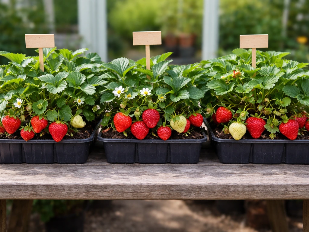 Grouped strawberry plants with ripe red berries in trays on a simple outdoor bench, minimal background.
