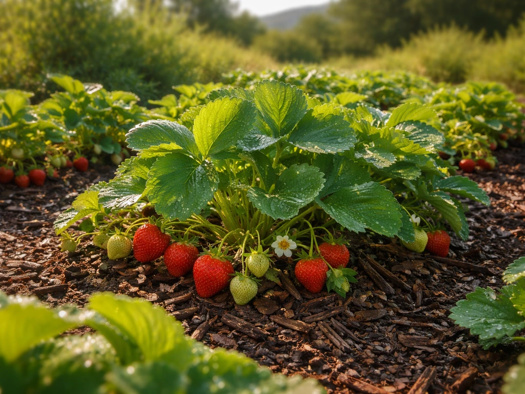 Sunlit strawberry plants in dark mulch in a sunny Central Idaho-style garden bed.