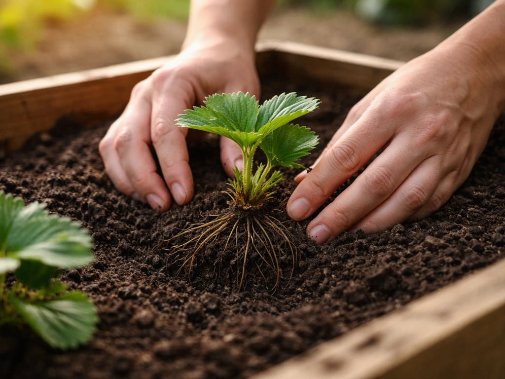 Close-up of bare-root strawberry crown placed at soil level in a raised bed for planting