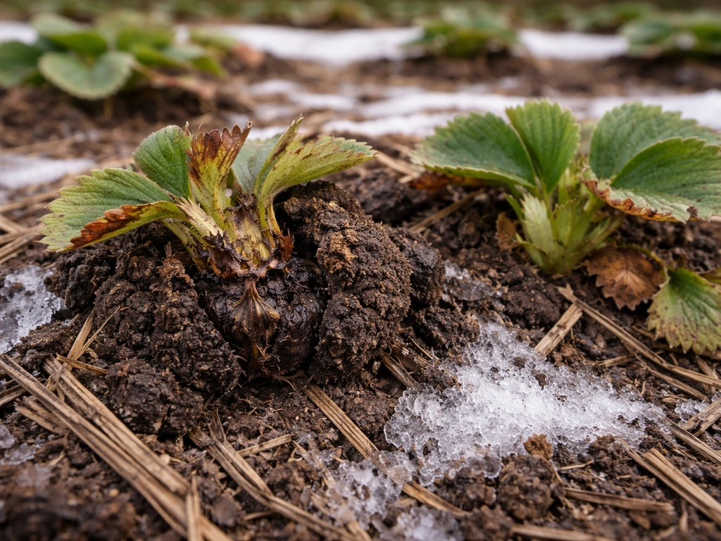 Close-up of strawberry crowns with cracked, heaved tissue beside healthier plant area under mulch and snow.