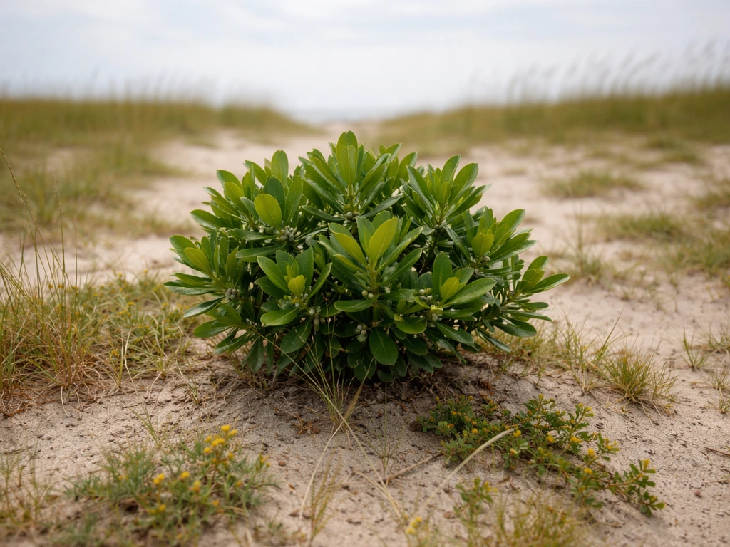 Bayberry-like shrub in a sandy coastal plain with low coastal vegetation under soft daylight.