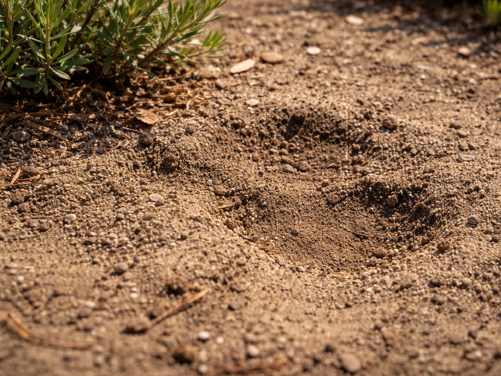 Close-up soil and leaf litter in full sun showing moist-to-dry texture cues for bayberry site conditions.