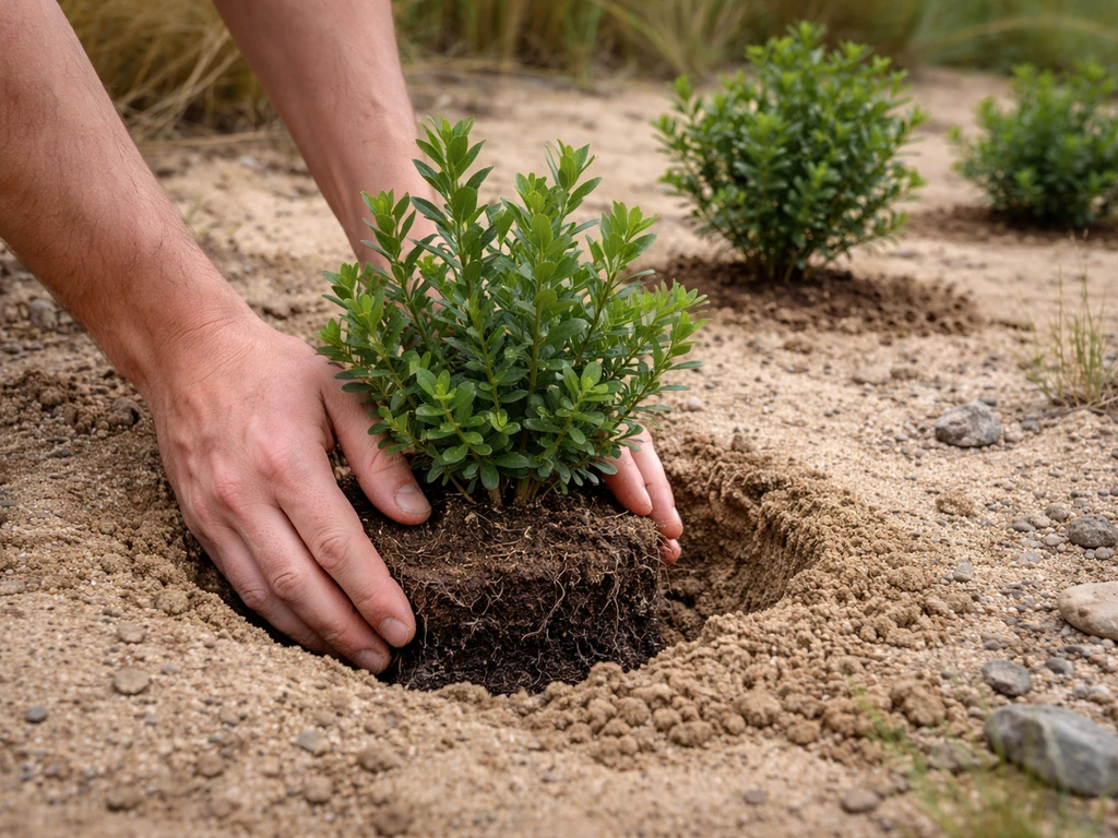 Anonymous gardener setting a bayberry-like shrub, root ball level with sandy soil.