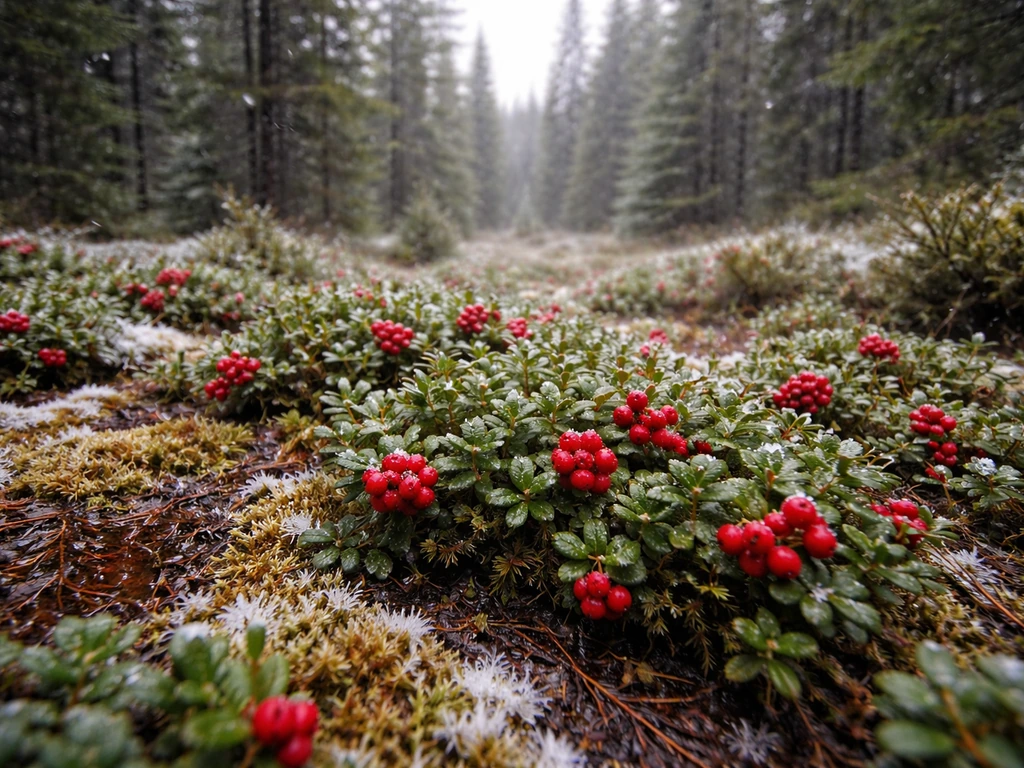 Lingonberry plants in bright red clusters growing in a cold Canadian evergreen forest under wintry light