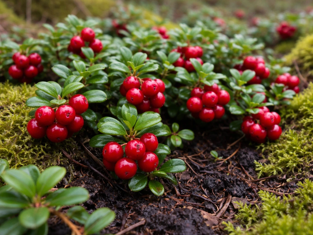Wild lingonberries with ripe red berries growing among moss and peat in a Canadian bog/woodland heath.