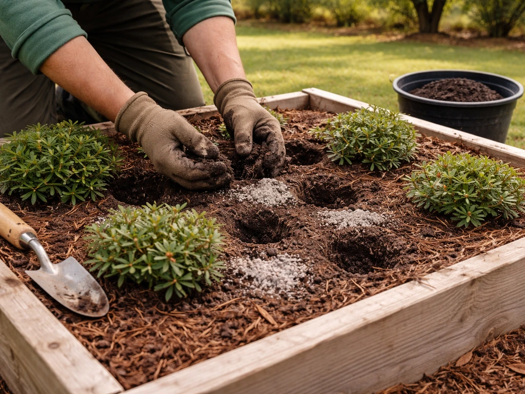 Gardener prepping a small raised bed with acidic amendments and mulch for lingonberries in a Canadian garden