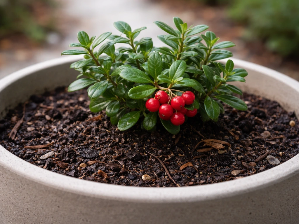 Lingonberry plants growing in an acidic potting mix in a large container on a patio.