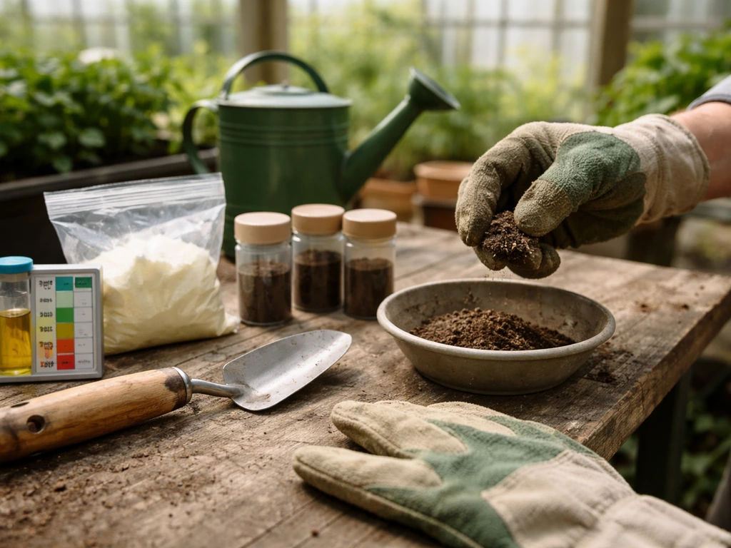 Anonymous gardener prepares soil pH testing materials on a bench in a greenhouse.