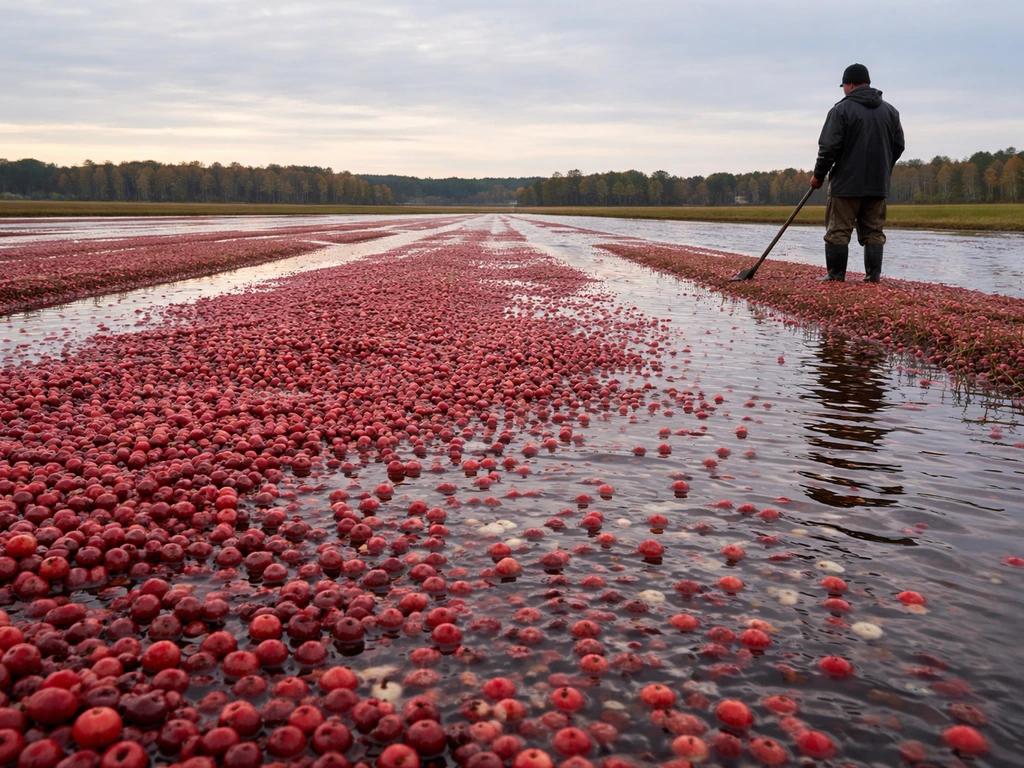 Wisconsin cranberry bogs during harvest with flooded rows and a worker near the edge.
