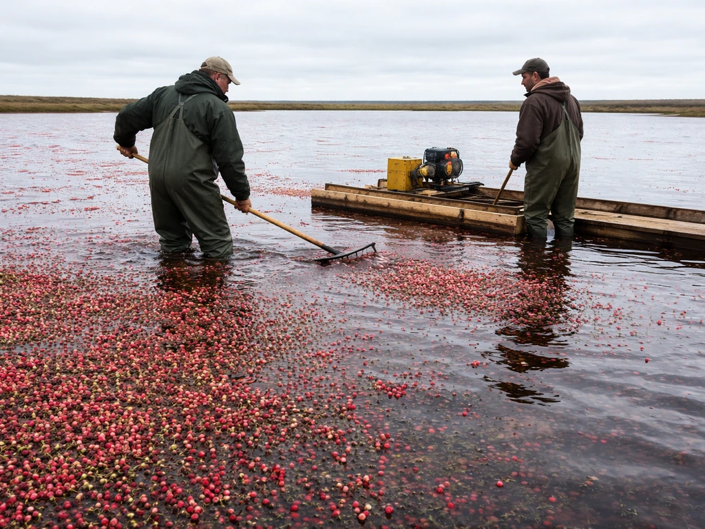 Workers in waders stand in a flooded cranberry bog during harvest, with vines and water reflections.