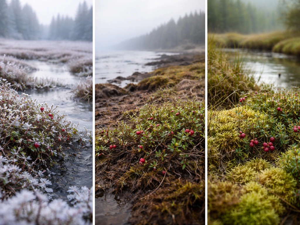 Minimal photo montage of cranberry bog landscapes suggesting cold-tolerant growing regions in the US.