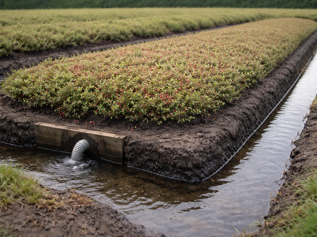 Raised cranberry bed with moist soil and an edge drainage channel keeping stagnant water out