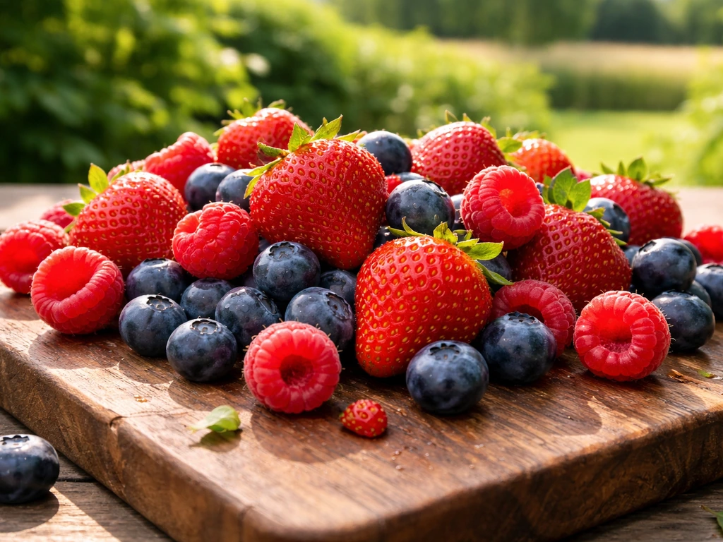 Fresh mixed berries—strawberries, raspberries, and blueberries—spilled on a wooden board with soft garden background.