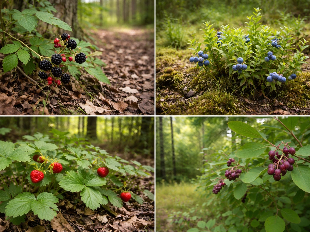 Native wild brambles, blueberries, wild strawberries, and juneberries growing in their natural Michigan habitats.