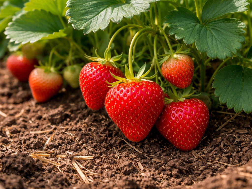 Ripe red strawberries on low plants in a Michigan garden bed, lit by natural summer sunlight.
