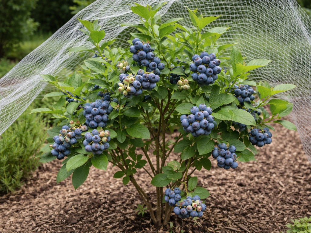 Northern highbush blueberry shrub loaded with berries under protective netting in a garden.