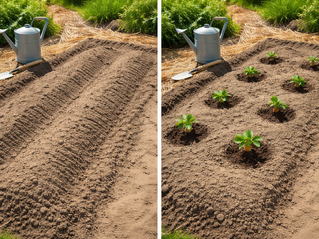 Two simple garden beds showing sunny, well-drained soil with strawberry spacing in neat rows