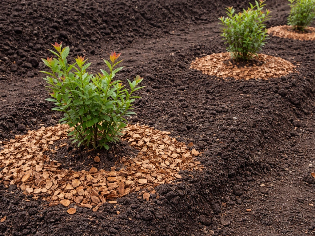 Young blueberry shrubs spaced along a row with dark amended soil and pine-bark wood-chip mulch.