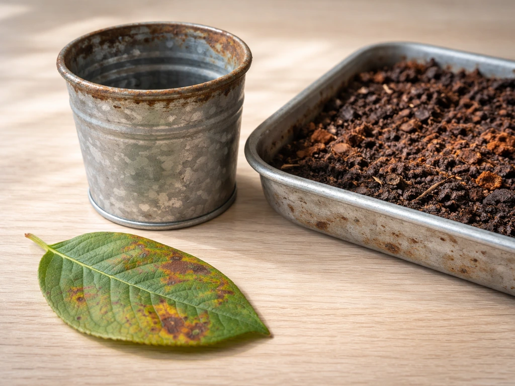 Three elements on a wooden table: blueberry leaf rust spots, rust-stained metal container rim, and reddish iron-rich soi