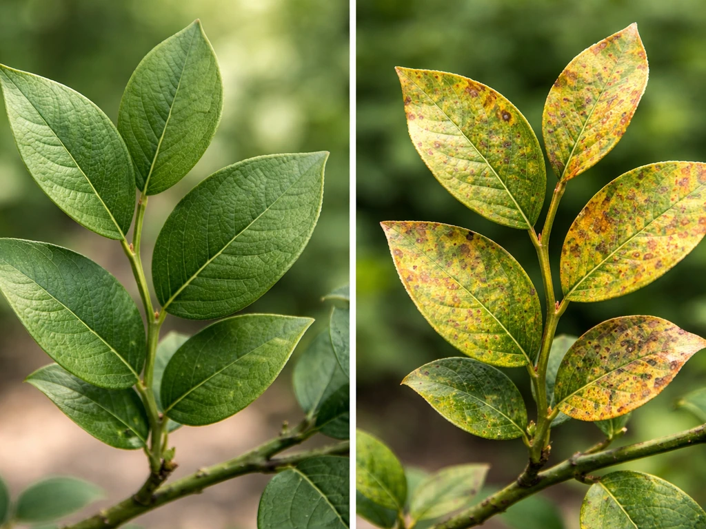 Side-by-side close-up of healthy and rust-diseased blueberry leaves on a branch, showing leaf spotting and damage.
