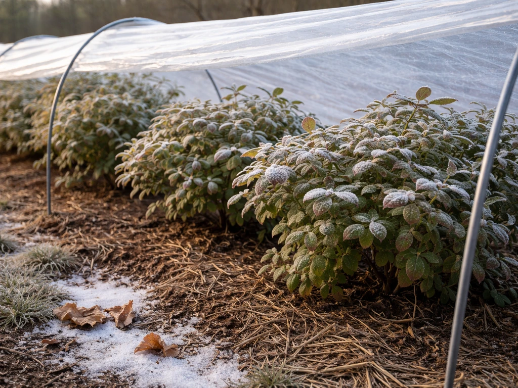 Frosted blueberry bushes under clear plastic covers in near-freezing winter conditions.