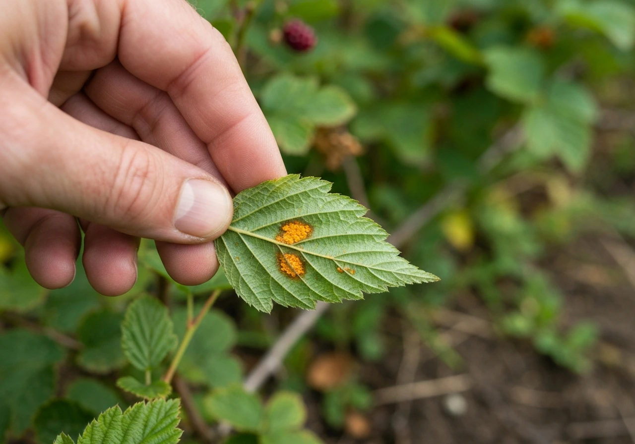Close-up of a hand flipping a berry leaf to reveal orange-yellow rust pustules underneath.