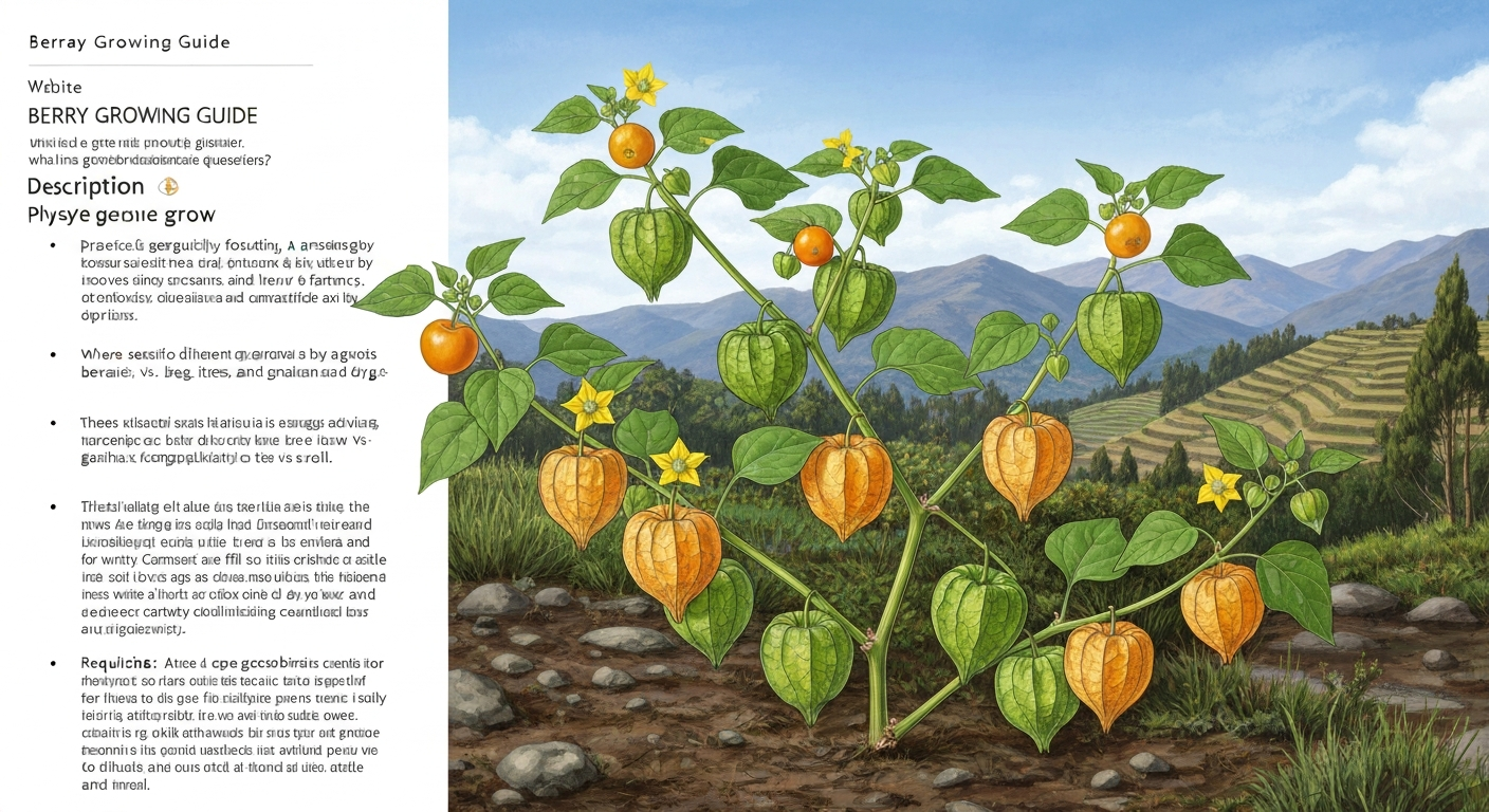 Botanical illustration of a cape gooseberry plant with papery husks and golden-orange berries in an Andean highland background.