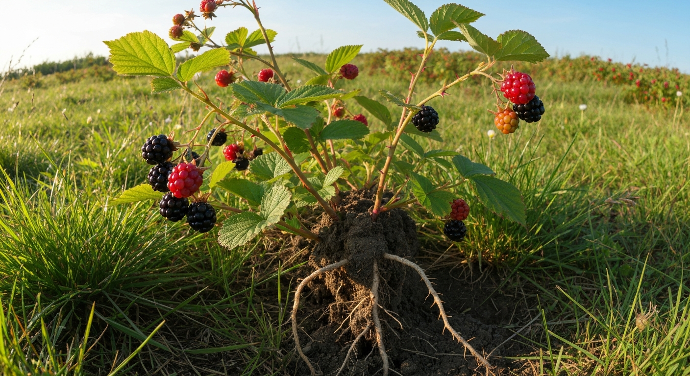 Dewberry patch with low-trailing canes, ripe dark berries, serrated leaves, and a cane tip rooting into the soil (tip-layering).