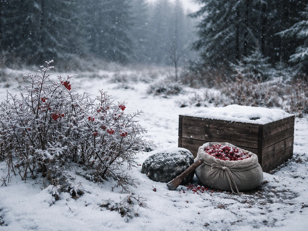 Snowy winter wilderness with frost-covered berry bushes and a small prep area showing harvested berries.