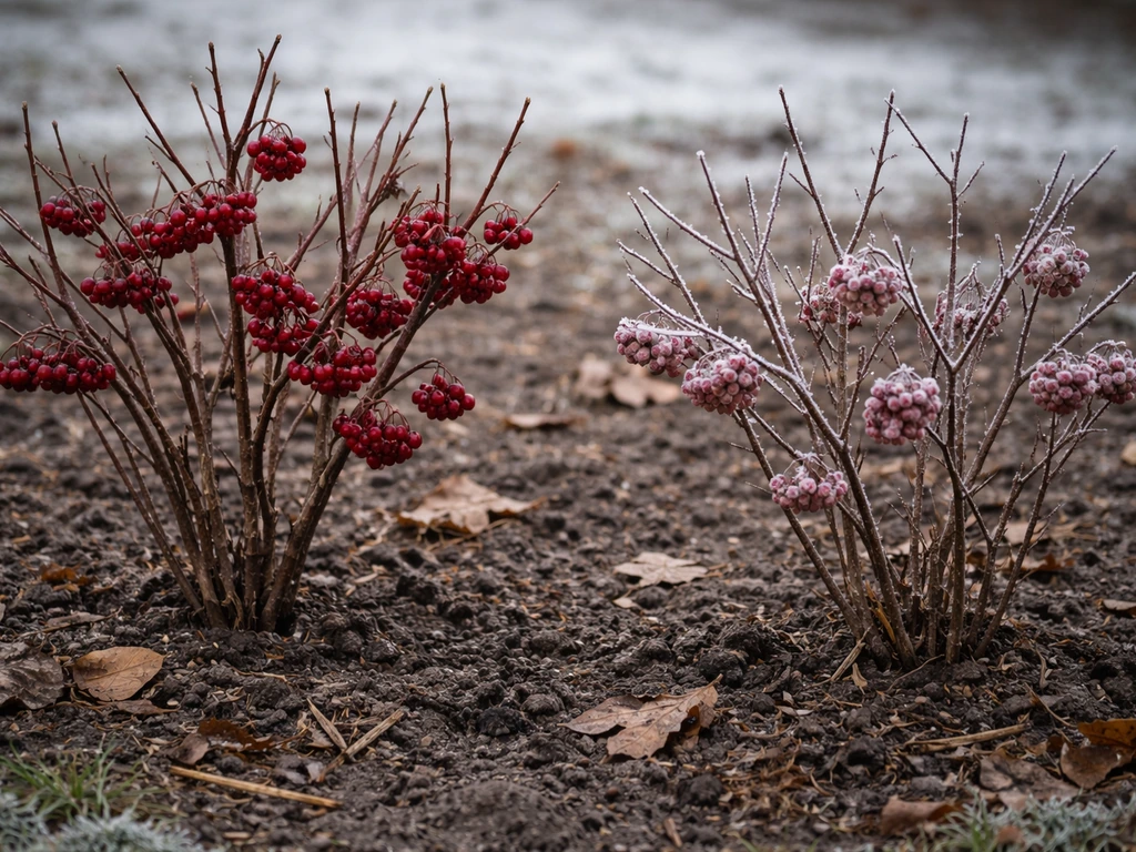 Two berry bushes in winter, one with frost-dusted berries, both in a minimal garden setting.
