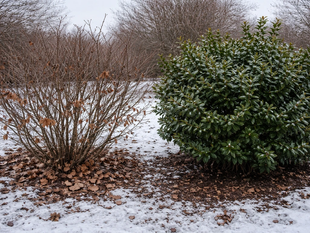 Side-by-side winter shrubs: deciduous berry plant with buds and sparse leaves, evergreen huckleberry with green foliage.