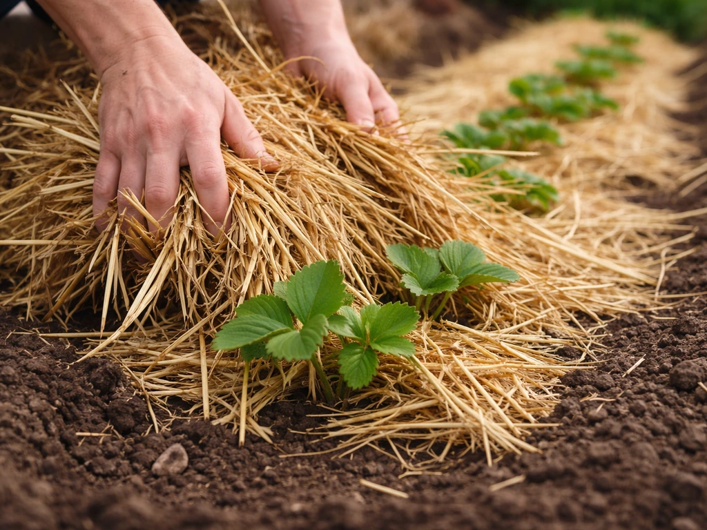 Gardener’s hands spreading thick straw mulch over strawberry plants and crowns in a garden bed.
